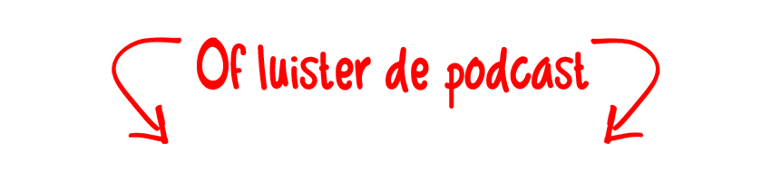 Rode tekst op een transparante achtergrond met de tekst "Hoe bereik jij de juiste generatie op social media? Of luister de podcast." De tekst wordt geflankeerd door twee rode pijlen die naar de onderste hoeken wijzen.