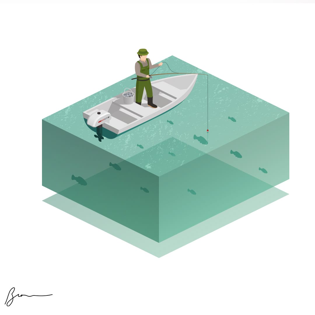 Illustratie van een visser die vist vanaf een kleine motorboot op een kubus water. De kubusvorm onthult vissen die onder het oppervlak zwemmen. De visser draagt een groene hoed en vest, en de vislijn wordt in het water geworpen. Signatuur linksonder.