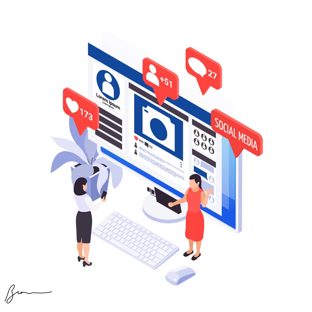 Een isometrische illustratie toont twee vrouwen die communiceren met een groot computerscherm waarop een profiel op sociale media wordt weergegeven. Er verschijnen meldingspictogrammen voor vind-ik-leuks en volgers, met tellingen van 173, 51 en 27. Toetsenbord, muis en plant zijn ook zichtbaar.