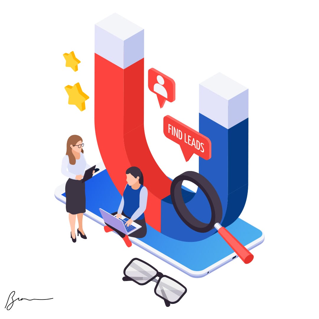 Een isometrische illustratie met een grote magneet met het opschrift "Find Leads", die iconen van mensen en sterren aantrekt. Een man zit op een laptop naast een gigantisch vergrootglas, terwijl een vrouw een tablet vasthoudt. Op de voorgrond ligt een bril.