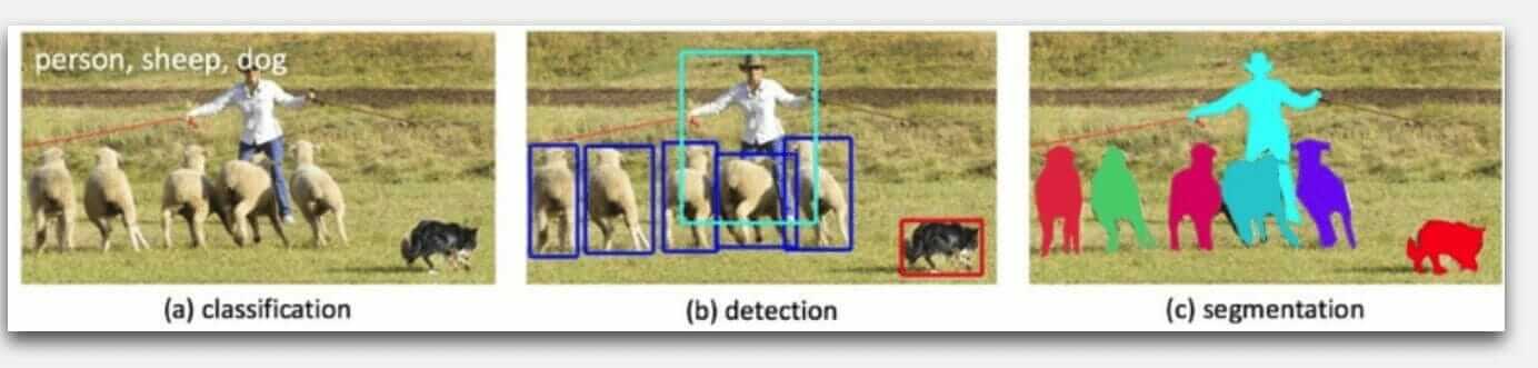 Drie afbeeldingen naast elkaar demonstreren verschillende stadia van objectherkenning: (a) classificatie identificeert een persoon, schaap en een hond, (b) detectie markeert elk object met gekleurde vakken, en (c) segmentatie schetst elk object met verschillende kleuren gebieden.