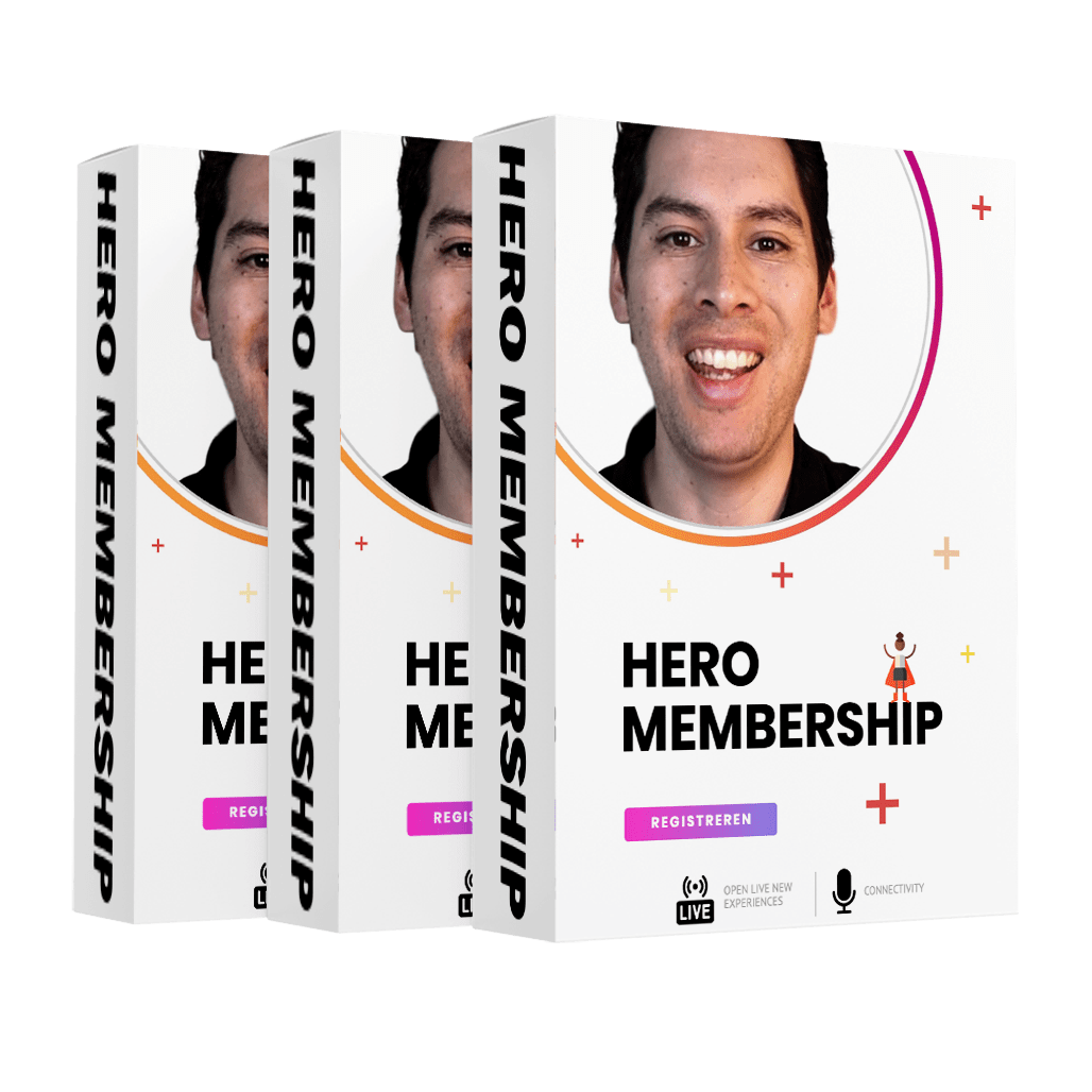 heromasterclass_1000-min Drie boeken met een lachende man op de cover en de tekst 'hero membership'