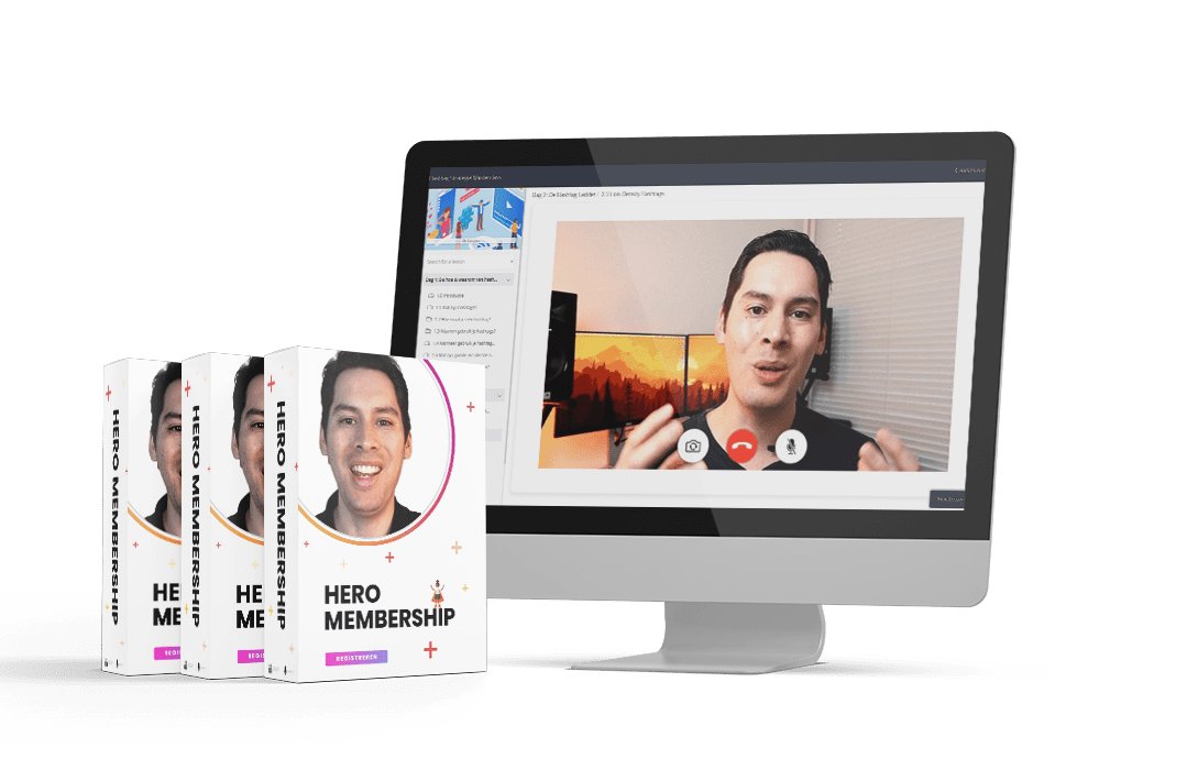 Een imac computer en drie boeken met een lachende man in een Zoom sessie. Drie boeken met 'hero membership' op de kaft geschreven.