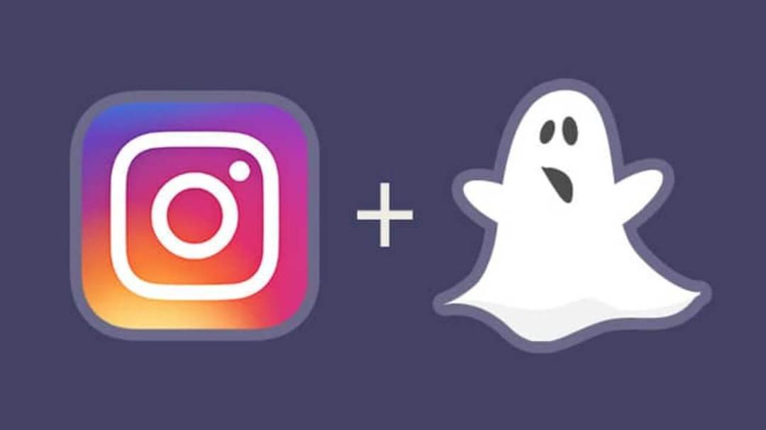 Illustratie van het Instagram-app-pictogram plus een cartoon-spooksymbool. Het Instagram-pictogram is vierkant met afgeronde hoeken en heeft een verloop van roze, paars en geel. De geest is wit met een verbaasde uitdrukking tegen een paarse achtergrond.