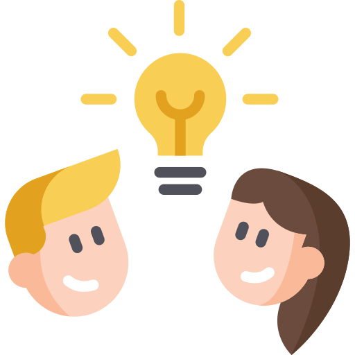 Een illustratie van twee lachende stripfiguren, de één met blond haar en de ander met bruin haar, met een gloeiende gloeilamp erboven en ertussen, die een gedeeld idee of inspiratie symboliseren.