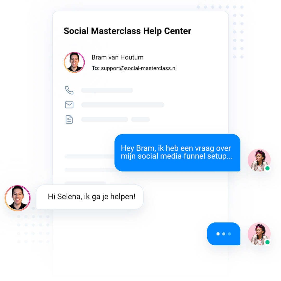Een chat tussen de helpdesk en een klant die hulp zoekt bij social masterclass.