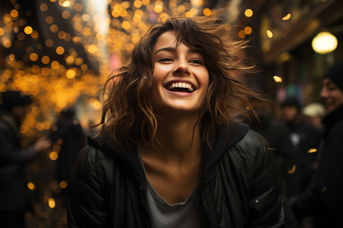 Een jonge vrouw met golvend bruin haar en een brede glimlach staat in een feestelijke straat versierd met gouden kerstverlichting. Ze draagt een zwart jasje en de achtergrond is wazig met mensen en warme lichten, wat een vrolijke avondsfeer suggereert.