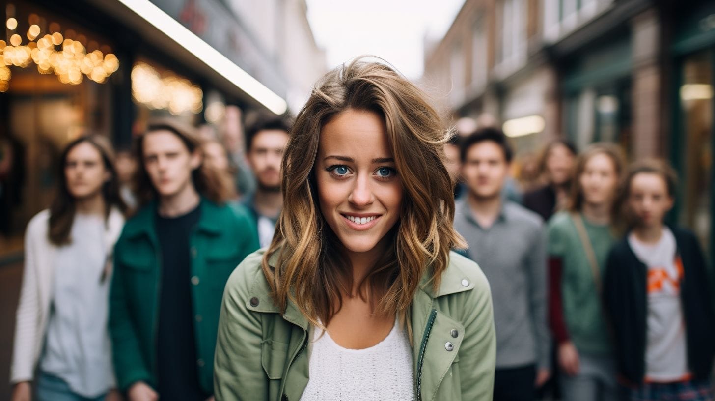 Een jonge vrouw met schouderlang haar en een groen jasje glimlacht terwijl ze door een drukke stadsstraat loopt. Ze is scherp in beeld en op de achtergrond staan een groep mensen en winkelpuien met licht wazig licht, waardoor het moment perfect wordt vastgelegd voor sociale media.