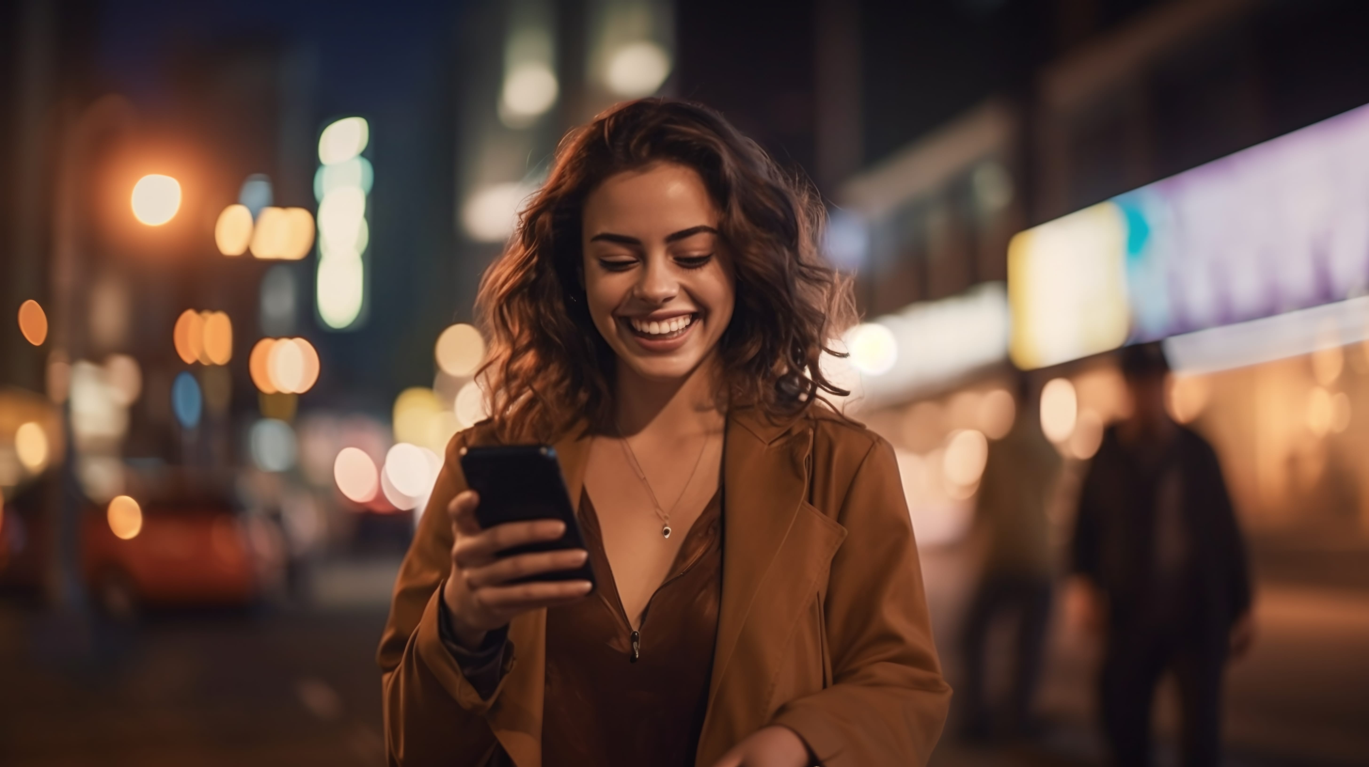 Een vrouw met krullend haar en een bruine jas lacht terwijl ze naar haar telefoon kijkt. Ze staat in een nachtelijke stadsstraat met vage lichten en gebouwen op de achtergrond en trekt de aandacht van Gen Z-voorbijgangers.