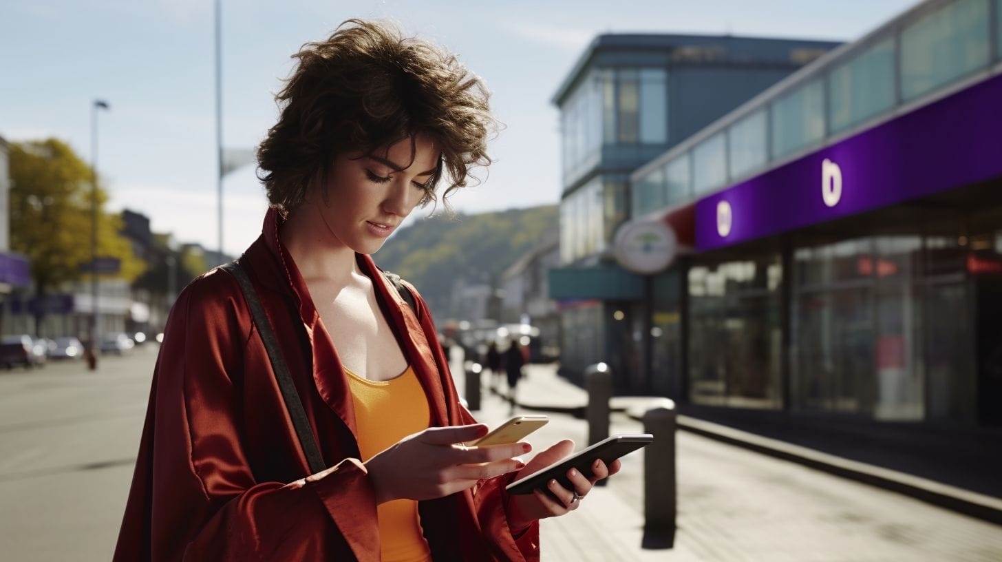Een persoon met kort, krullend haar staat in een stadsstraat en draagt een rood jasje over een oranje topje. Ze kijken neer op een tablet en een smartphone en houden beide apparaten vast, waarschijnlijk op sociale media. Onder een heldere hemel staat op de achtergrond een gebouw met een paars bord.