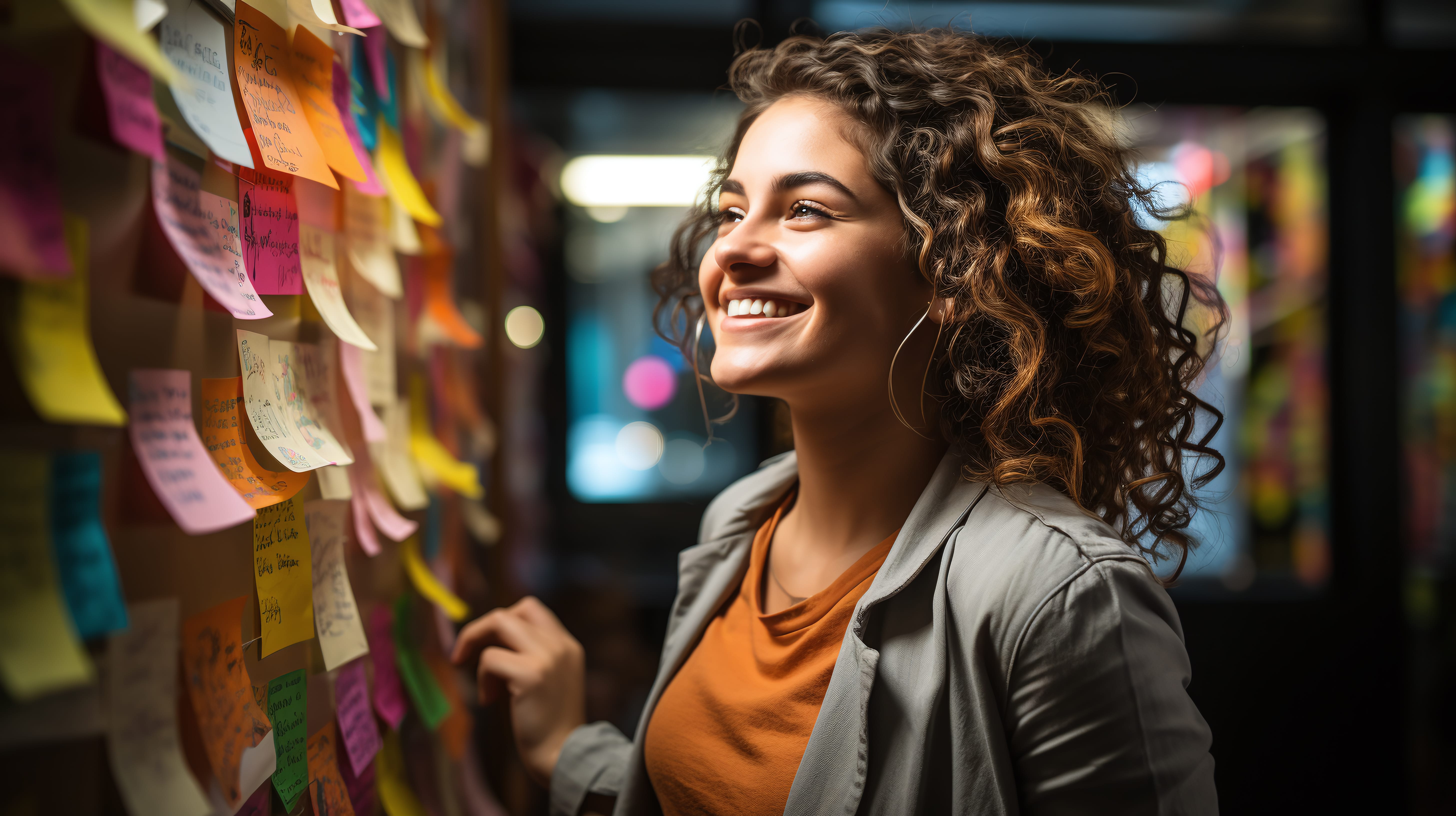 Een jonge vrouw met krullend haar leest vrolijk kleurrijke plakbriefjes op een muur. Ze draagt een grijs jasje over een oranje shirt en lacht vrolijk. De muur, versierd met verschillende berichten en tekeningen op de plakbriefjes, trekt de levendige en vrolijke aandacht van Gen Z.