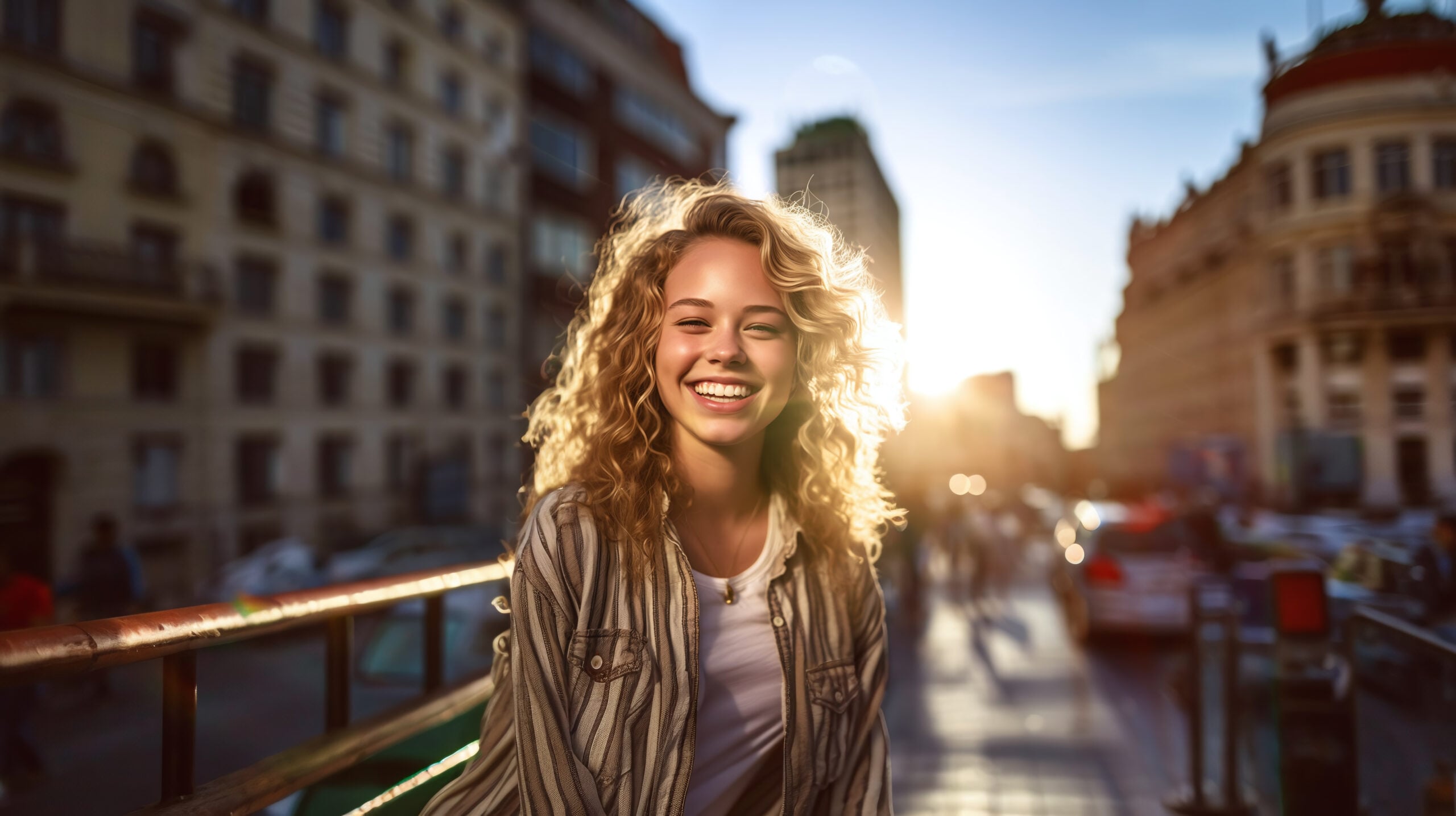 Een jonge vrouw met krullend haar lacht vrolijk terwijl ze bij zonsondergang in een stadsstraat staat en trekt de aandacht van Gen Z. Ze draagt een gestreept overhemd over een wit topje. De achtergrond bruist van de mensen en wordt omringd door hoge gebouwen, waarbij het zonlicht een warme gloed werpt.