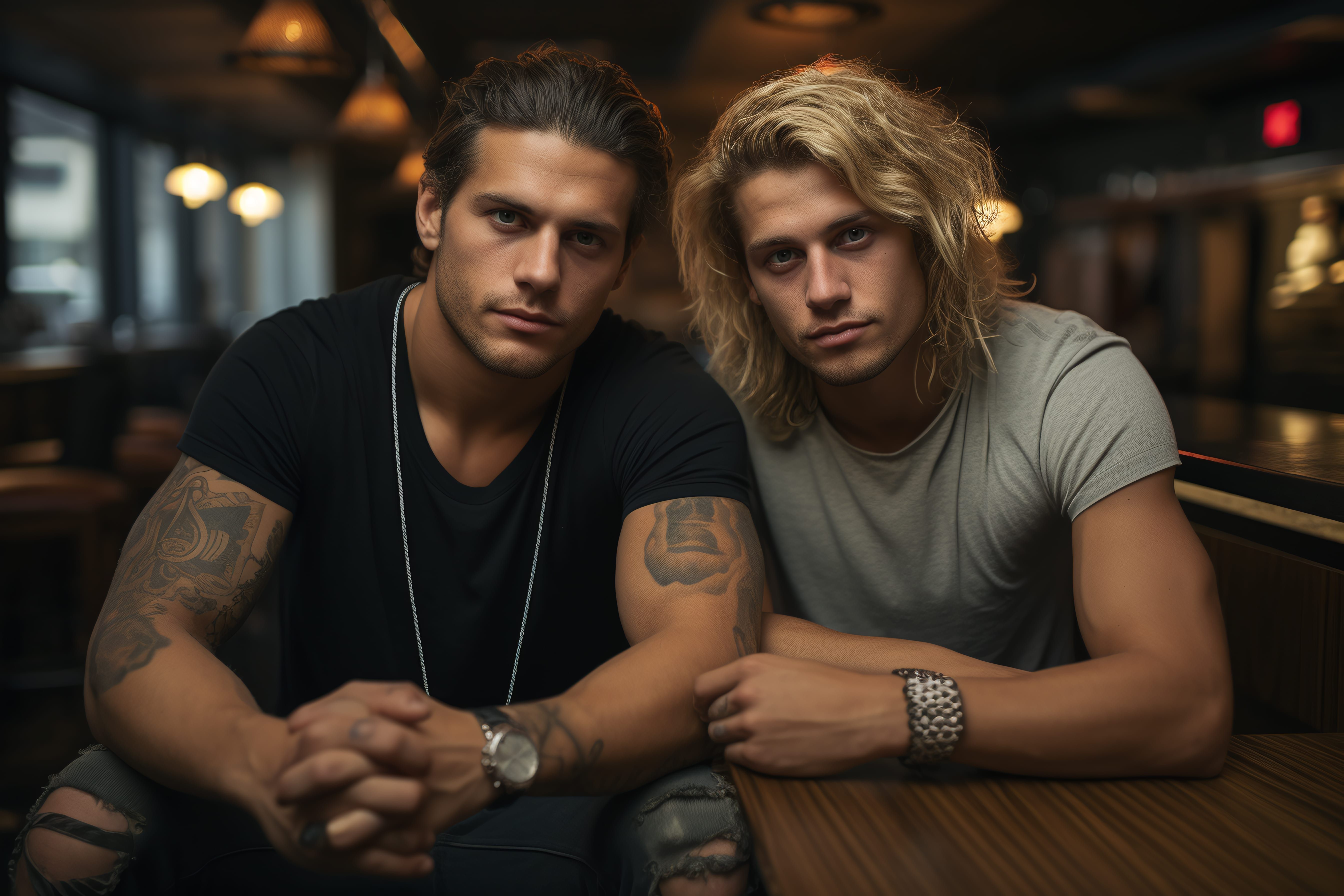 Twee jonge mannen met lang haar zitten dicht bij elkaar aan een tafel in een slecht verlicht restaurant, hun ernstige uitdrukking duidt op een intens gesprek. De man links, met donker haar en tatoeages, draagt een zwart shirt. Zijn blonde vriend in het grijs ziet er net zo gefocust uit – typisch Gen Z, verlangend naar oprechte aandacht.