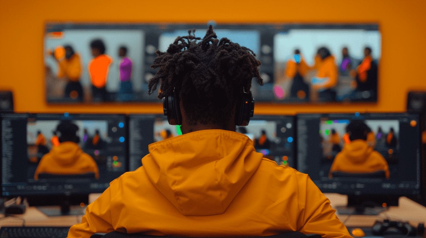 Een persoon met een koptelefoon en dreadlocks, gekleed in een geel jasje, zit voor meerdere computerschermen. De schermen tonen verschillende bewerkte scènes van mensen, wat een multimediabewerkingswerkruimte suggereert. De achtergrondmuur is ook geel.