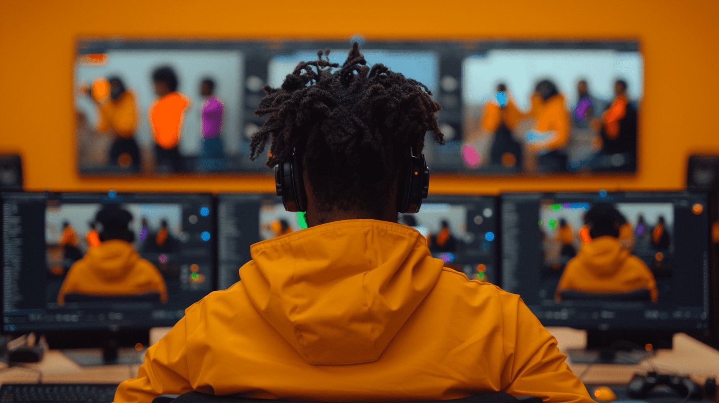AI-Tools-voor-video-content-social-masterclass Een persoon met een koptelefoon, gekleed in een oranje jas, zit voor meerdere computerschermen en bewerkt video's in een omgeving met een oranje achtergrond.