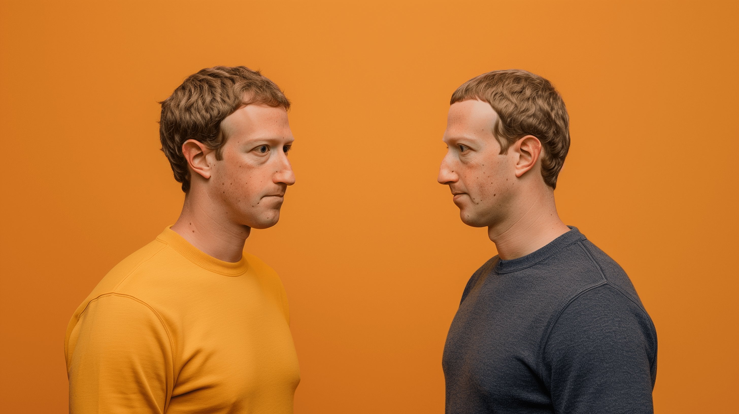 Twee mannen die er identiek uitzien, staan tegenover elkaar tegen een oranje achtergrond. De een draagt een oranje shirt, de ander een blauw shirt. Beiden hebben kort, krullend bruin haar en ernstige uitdrukkingen, die doen denken aan het griezelige vermogen van Facebook AI om gezichten te matchen.