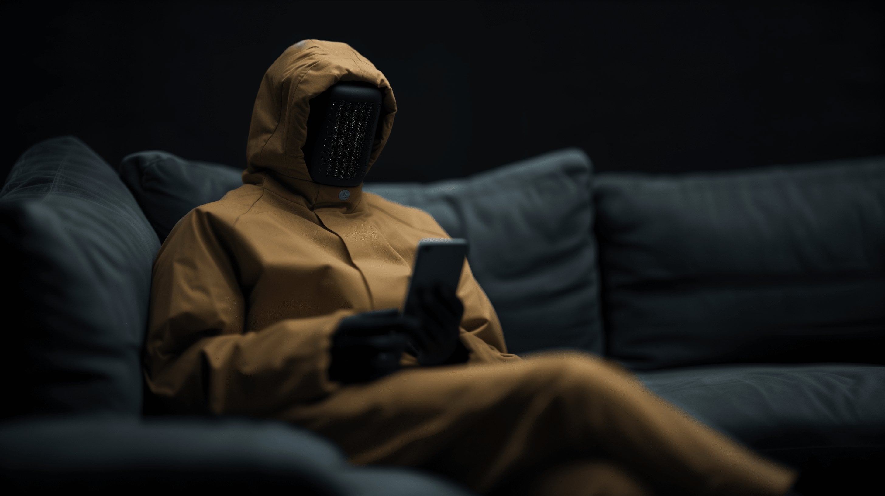 Een persoon in een donkere kamer draagt een gele outfit met capuchon over het hele lichaam en een zwarte, maskerachtige gezichtsbedekking. Ze zitten op een donkergrijze bank, houden een smartphone vast en lijken verdiept in het scherm, misschien bezorgd dat ze het slachtoffer zullen worden van het ongrijpbare TikTok-schaduwverbod. De setting is zwak en minimalistisch.