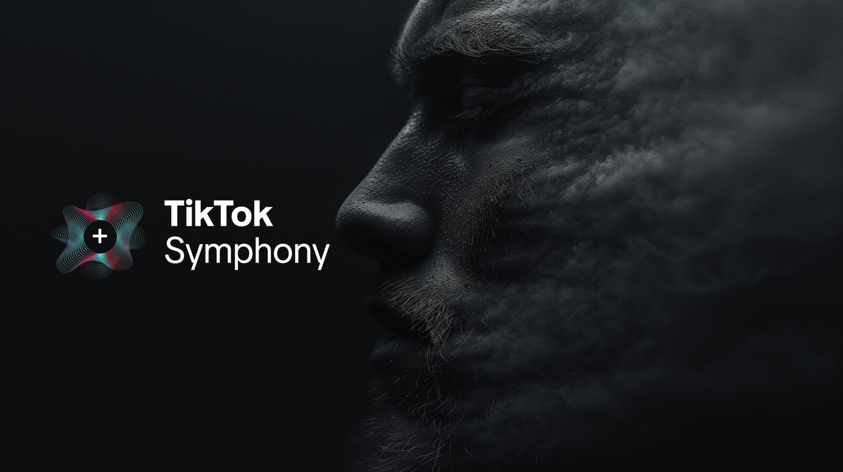 De afbeelding toont een donker zijprofielsilhouet van iemands gezicht, gedeeltelijk gehuld in een rokerige textuur. Aan de linkerkant verschijnen de woorden "TikTok Symphony Avatars" naast het TikTok-logo, waarin een plusteken is geïntegreerd. De achtergrond is zwart.