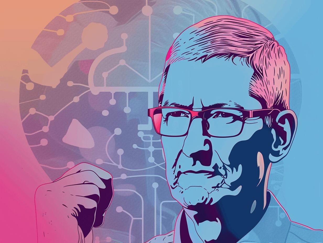 Stijlvolle illustratie van Tim Cook met een bril en opgestoken vuist, tegen een achtergrond van een digitaal circuit met een kleurrijke, futuristische uitstraling.