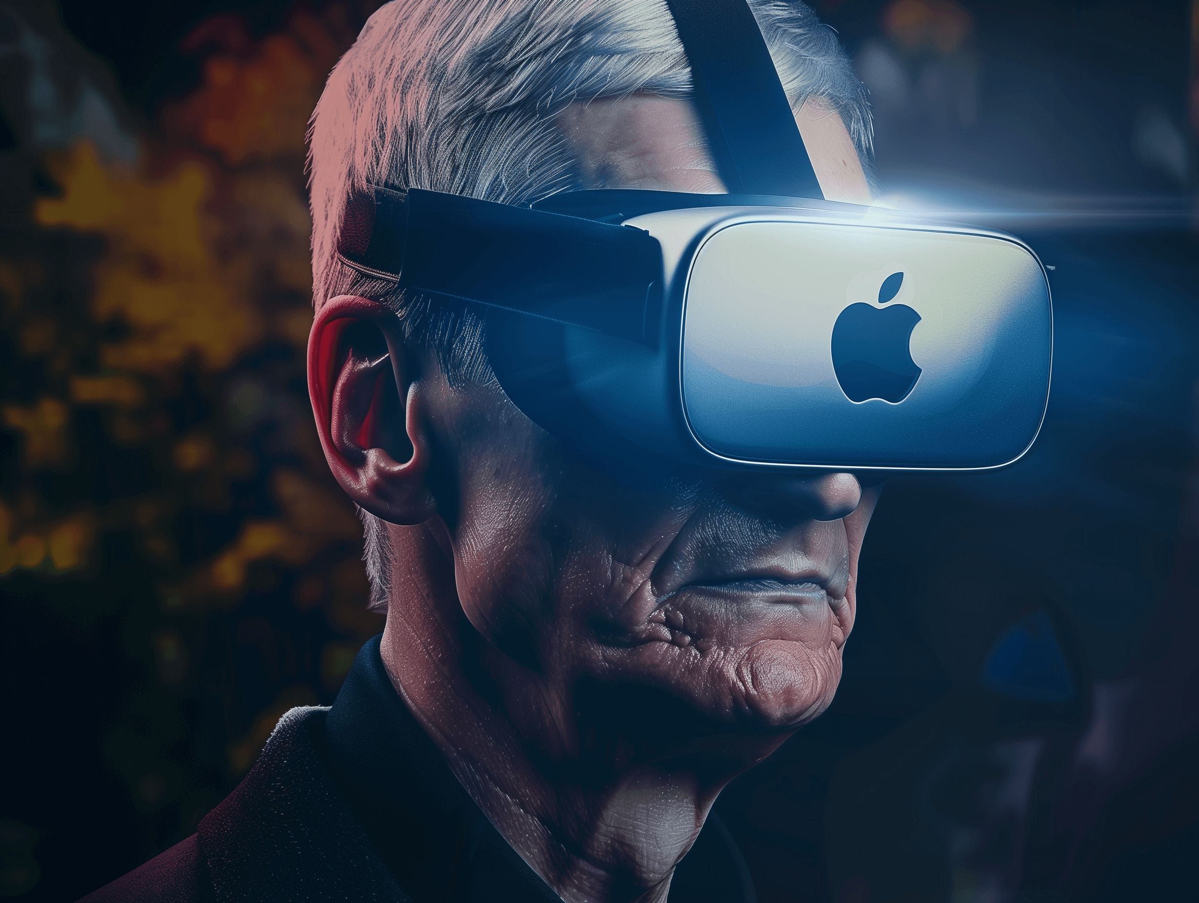 Digitale afbeelding van Tim Cook die een Apple VR-headset draagt, met een futuristische en donkere achtergrond.