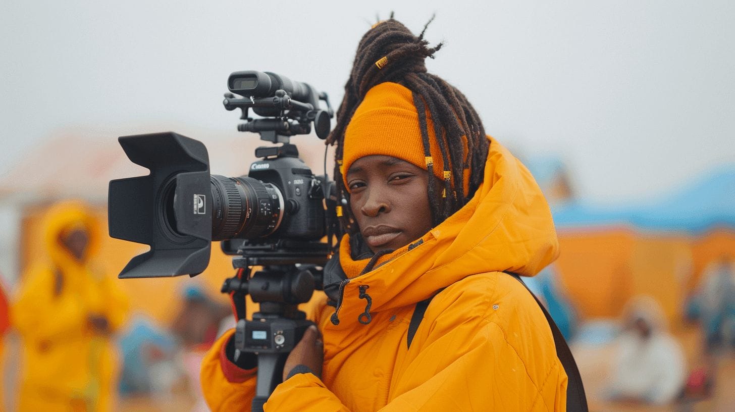 Een persoon gekleed in een feloranje jasje en bijpassende muts bedient een professionele videocamera. Ze hebben lange, dikke dreadlocks en een intense, gerichte uitdrukking. De achtergrond is enigszins wazig, waardoor meer mensen in kleurrijke kledij en structuren te zien zijn.