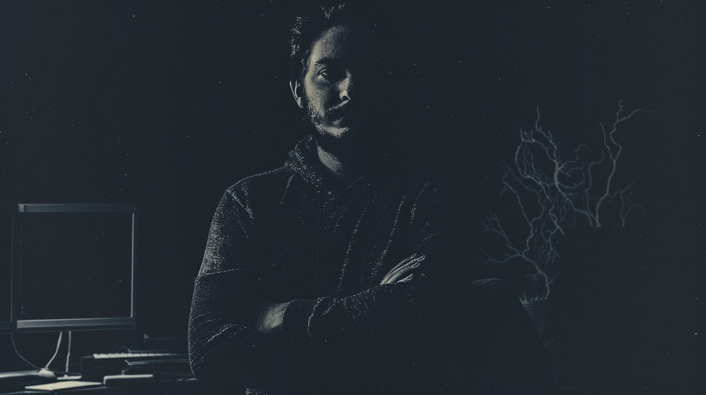 Een man met een baard en gekruiste armen staat in een donkere kamer, verlicht door een zwak licht, met computerschermen en stroomdiagrammen op de achtergrond.