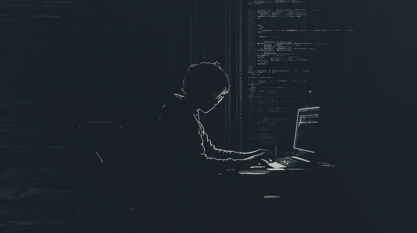 Een silhouet van een persoon die aan een laptop werkt, omgeven door code op een donkere achtergrond, die de sfeer van programmeren en dataverwerking weergeeft.