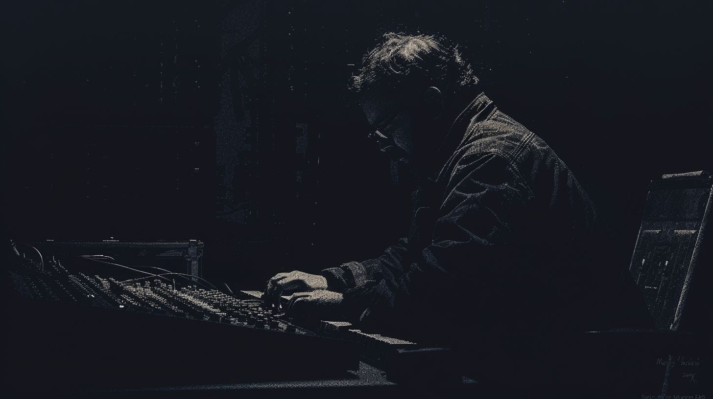 Alt-tekst: "Een man met een bril werkt geconcentreerd aan een bedieningspaneel vol met knoppen en schakelaars, verlicht door zacht licht tegen een donkere achtergrond.