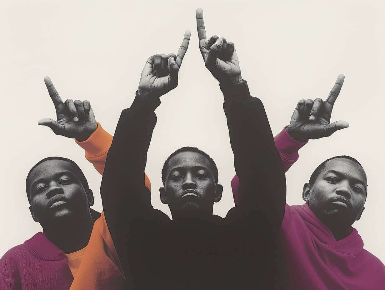 Drie jonge mannen staan op een rij, elk met een vinger uit elke hand, zodat er een driehoekige vorm boven hun hoofd ontstaat. De man aan de linkerkant draagt een roodoranje overhemd, die in het midden een zwarte, en die aan de rechterkant een kastanjebruine top.