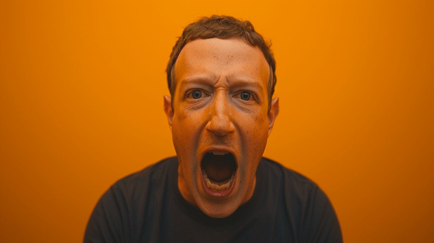 Een man kijkt gefrustreerd en schreeuwt naar de camera, tegen een oranje achtergrond.