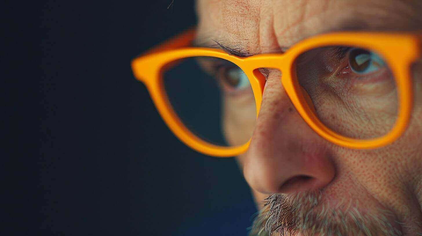 Close-up van een gezicht met oranje bril, gefocust en met aandacht kijkend naar seo voor ondernemers.