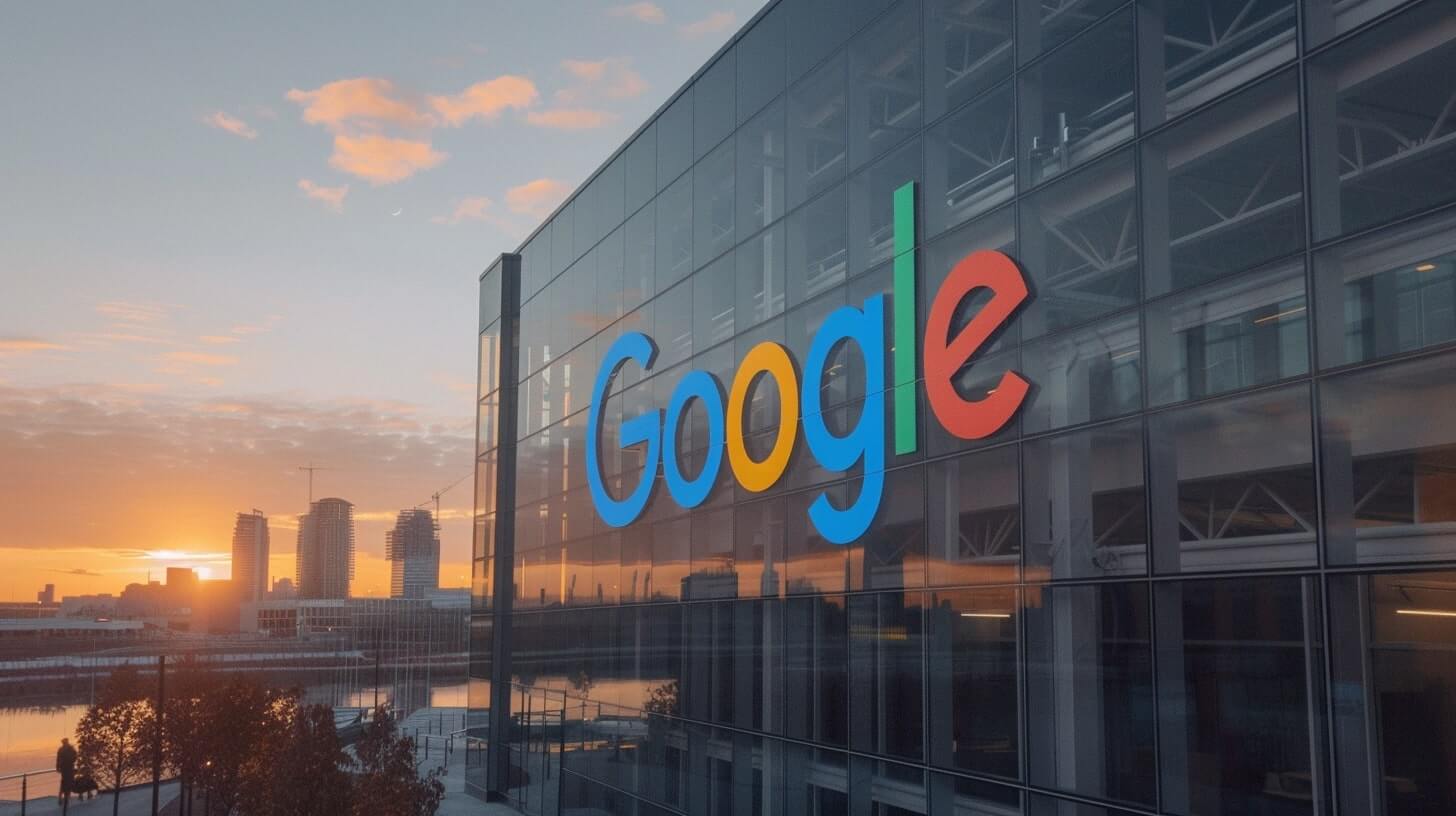 De afbeelding toont een modern kantoorgebouw met een groot, kleurrijk Google-logo op de glazen gevel. Terwijl de zon ondergaat en een warme gloed over het tafereel en de wolkenkrabbers in de verte werpt, roept het de essentie op van SEO voor ondernemers die streven naar zichtbaarheid en succes.