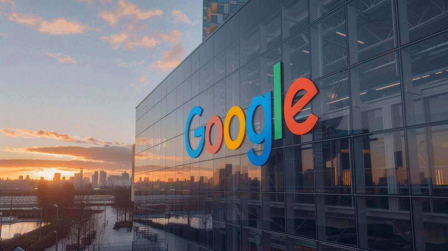 Een buitenaanzicht van een Google-kantoorgebouw bij zonsondergang. Het gebouw heeft een groot, kleurrijk Google-logo op de glazen gevel. De lucht is deels bewolkt met warme tinten van de ondergaande zon en op de achtergrond is de skyline van een stad zichtbaar: een perfecte achtergrond voor discussies over SEO voor ondernemers.
