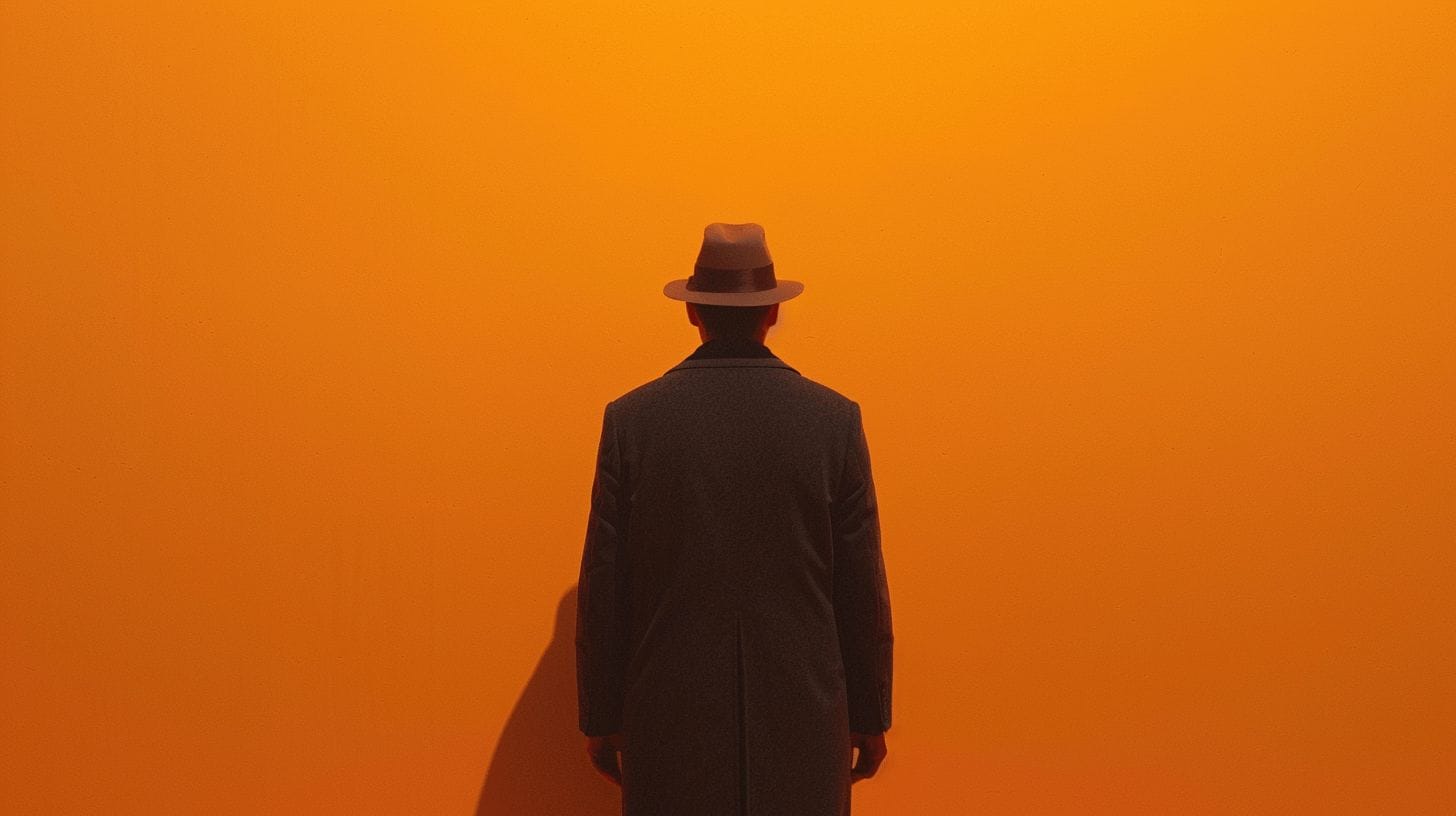 Een persoon in een lange jas en hoed staat met zijn rug naar de camera, kijkend naar een oranje muur.