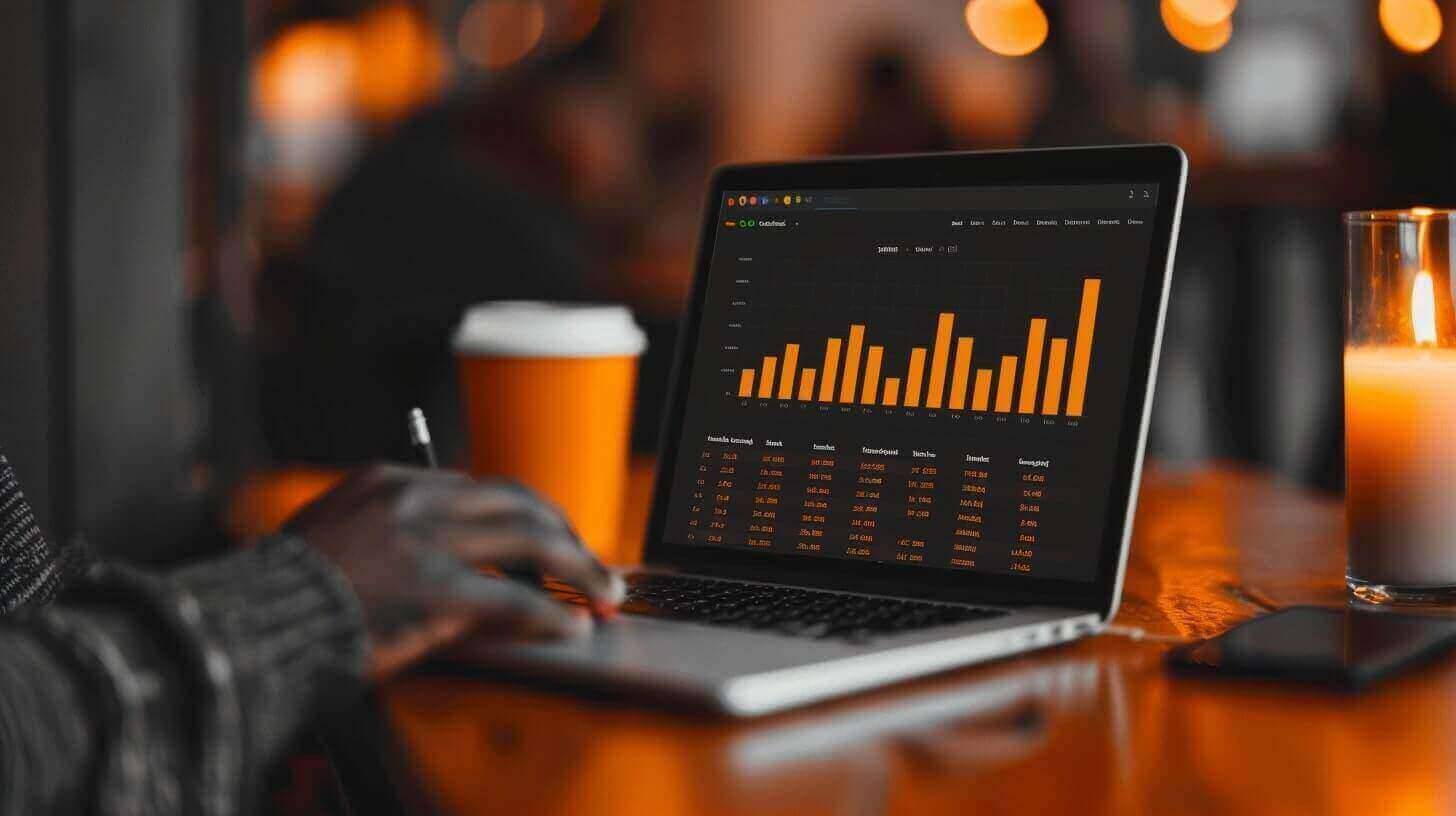 Een persoon werkt aan een laptop met een grafiek op het scherm in een sfeervolle omgeving met een koffie.