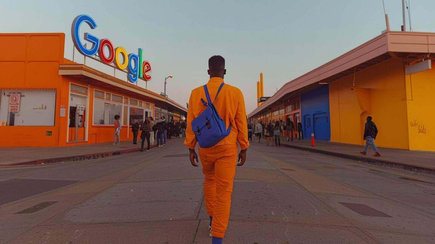Een man in een oranje pak loopt naar een Google-gebouw met felgekleurde muren en het Google-logo, terwijl de zon ondergaat op de achtergrond.