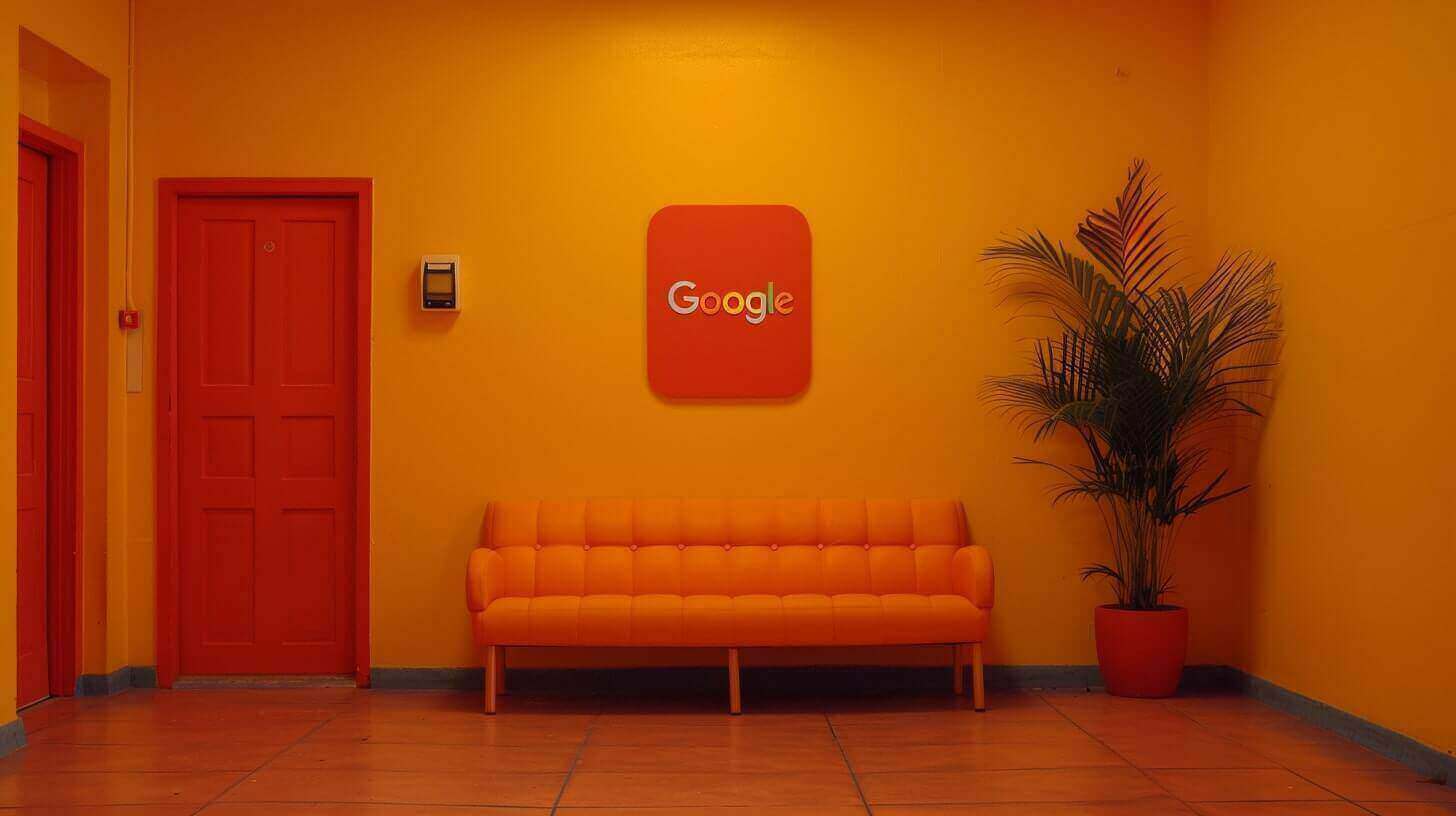 Een moderne kantoorlobby met een oranje bank, een plant en het Google-logo op de muur, allemaal tegen een oranje achtergrond.