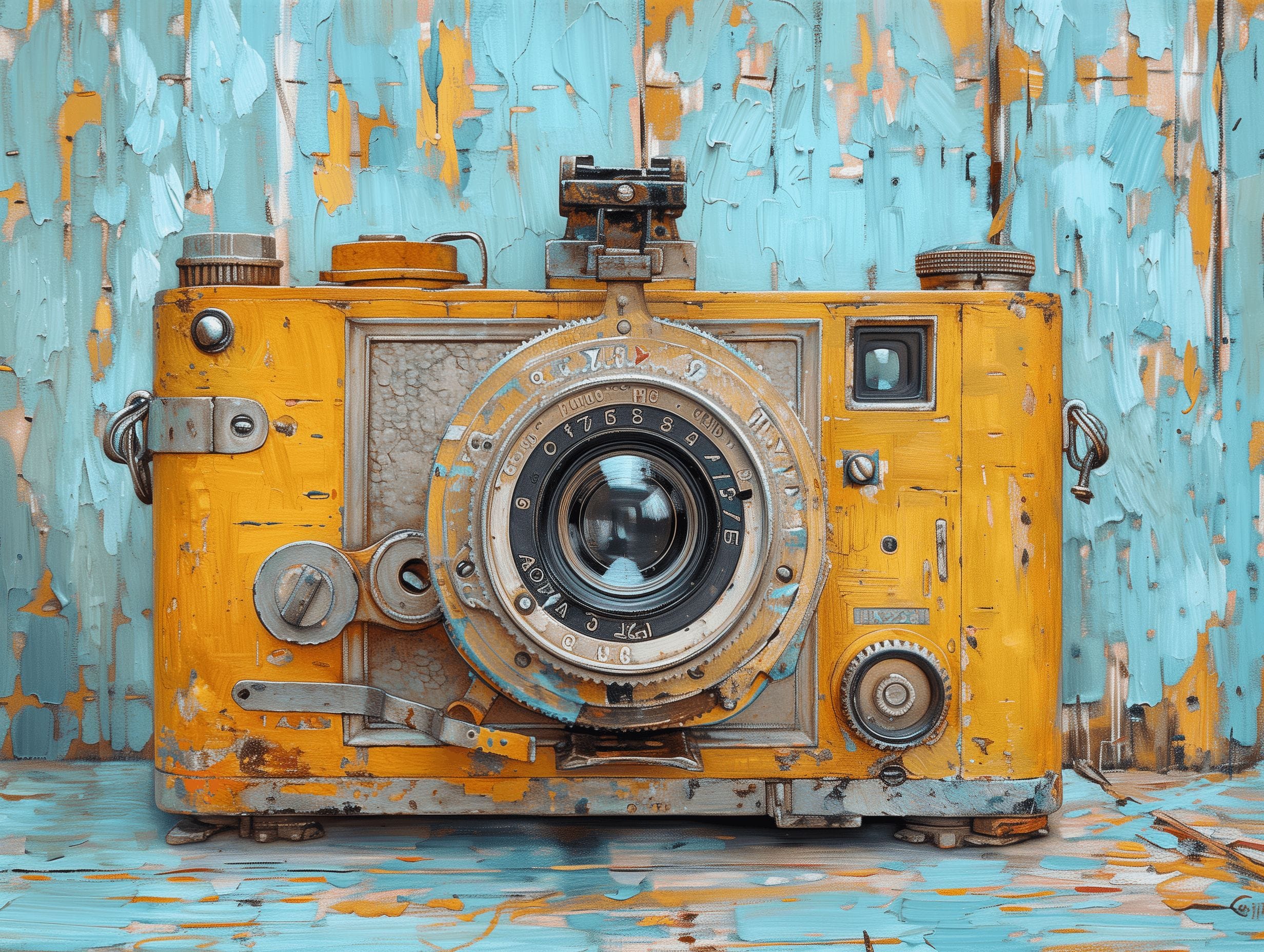 Kleurrijke en verweerde vintage camera in gele tinten, geplaatst tegen een achtergrond van afgebladderde verf in turquoise en oranje tinten.