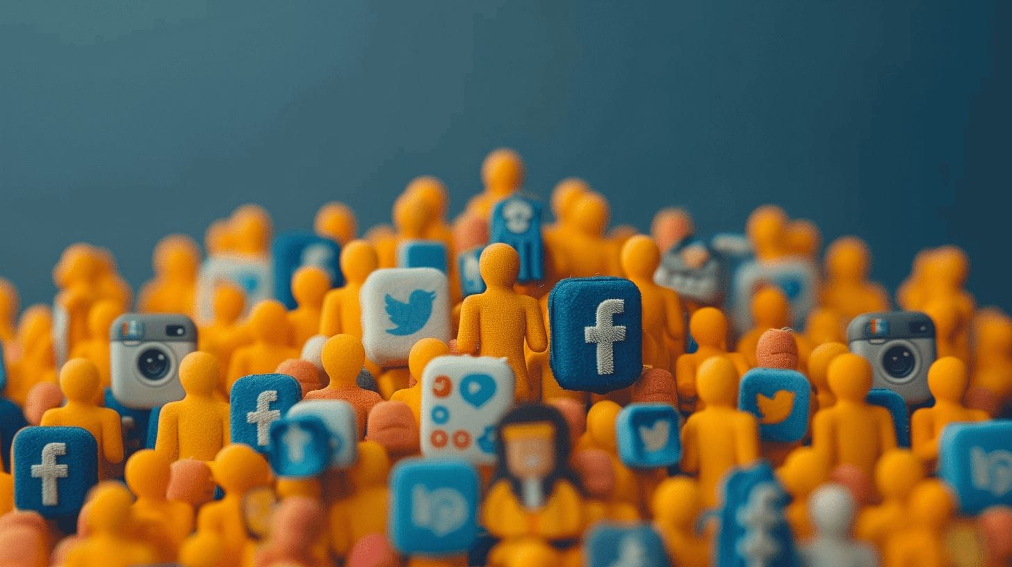 Een groep oranje figuren met sociale media iconen zoals Facebook, Twitter, en Instagram, tegen een blauwe achtergrond.