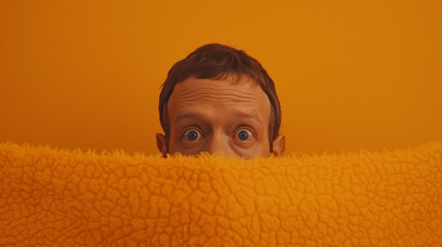 Een man kijkt met grote ogen over een oranje deken heen, tegen een oranje achtergrond.