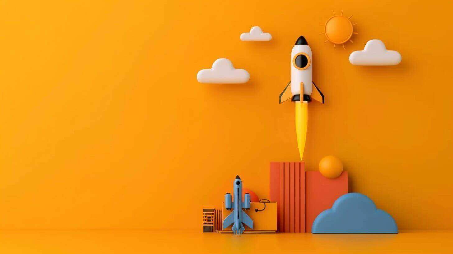 Illustratie van een raket die de lucht in schiet, omringd door wolken en de zon tegen een oranje achtergrond.