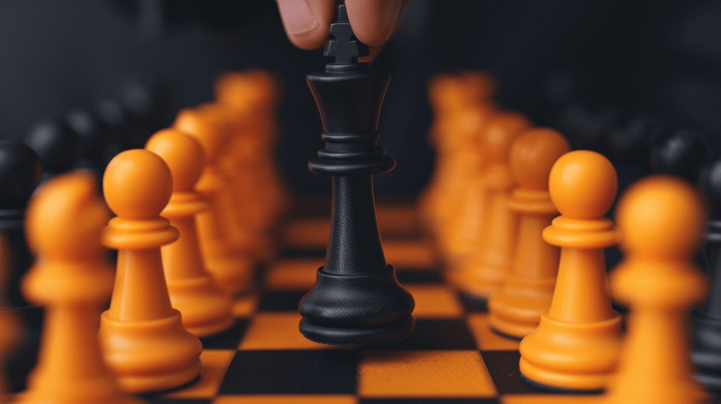 De hand van een persoon beweegt een schaakstuk van de zwarte koning op een schaakbord. Het bord heeft zwarte en oranje vierkanten en zowel zwarte als oranje schaakstukken zijn gerangschikt. De focus ligt op de zwarte koning die wordt opgeheven tegen de achtergrond van andere schaakstukken.