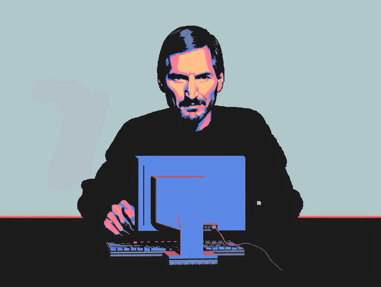 Pop-art stijl illustratie van steve jobs met een baard en donkere kleding, zittend achter een computer, met een lichte achtergrond en minimalistische kleuren