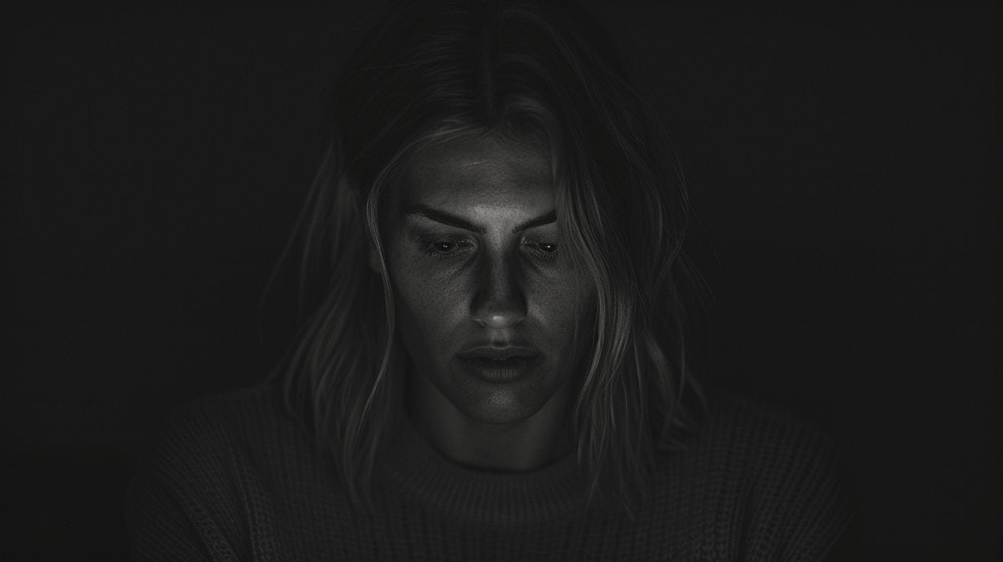Een vrouw in een donkere omgeving, verlicht door het licht van een scherm terwijl ze geconcentreerd naar beneden kijkt.