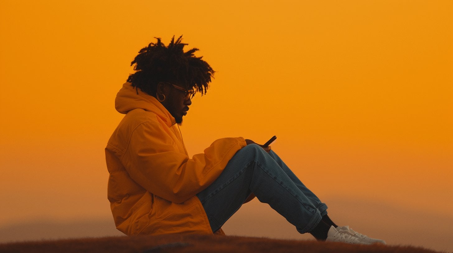 Een persoon met krullend haar, gestyled in een afro, zit buiten tegen een oranje lucht. Ze dragen een bril, een geel jasje, een blauwe spijkerbroek en witte sneakers, en zijn gefocust op hun telefoon met TikTok-branding. De achtergrond doet denken aan een sereen, heuvelachtig landschap.