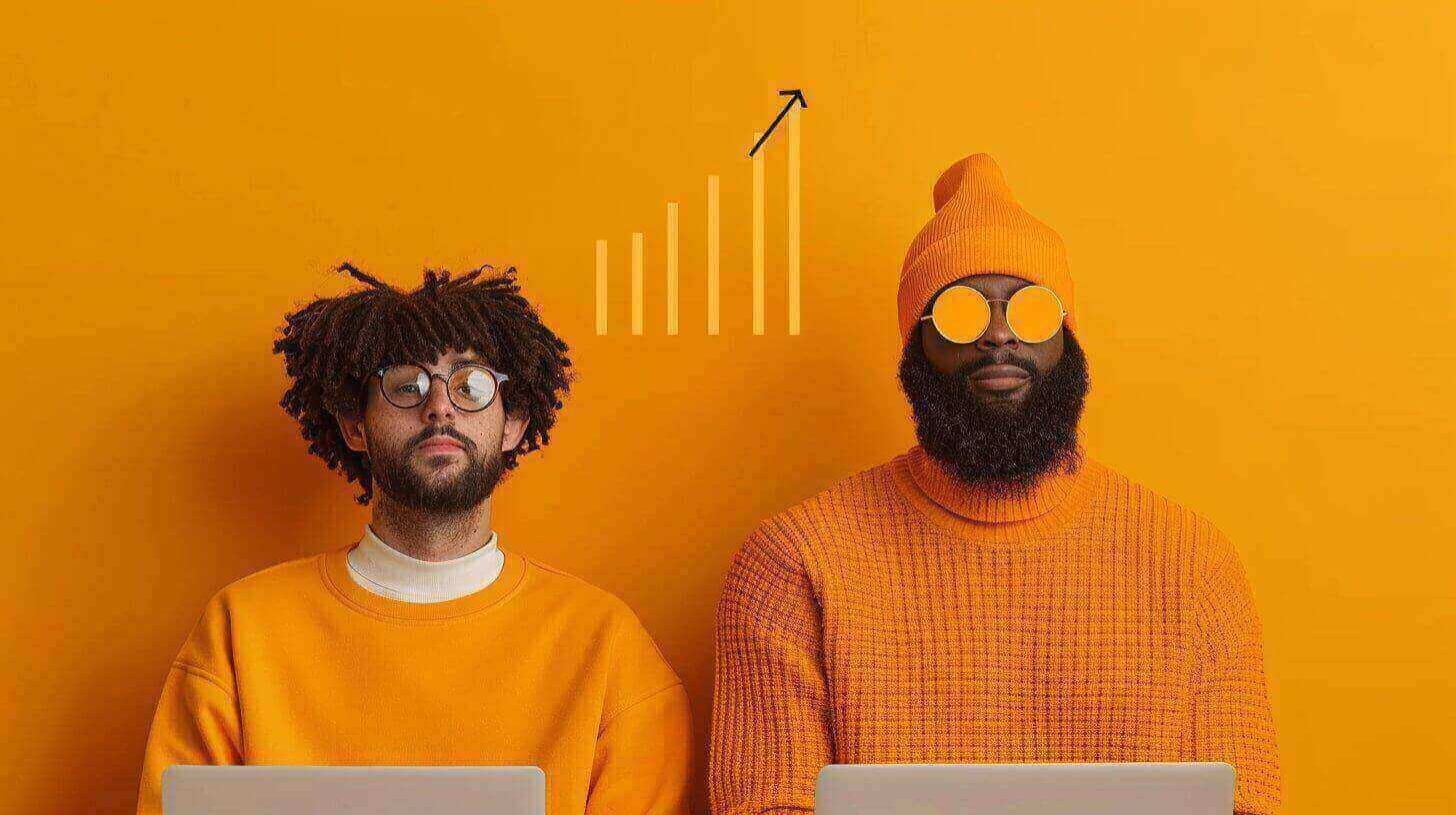 Twee mannen in oranje truien met laptops, de ene met een grafiek omhoog wijzend op de achtergrond.