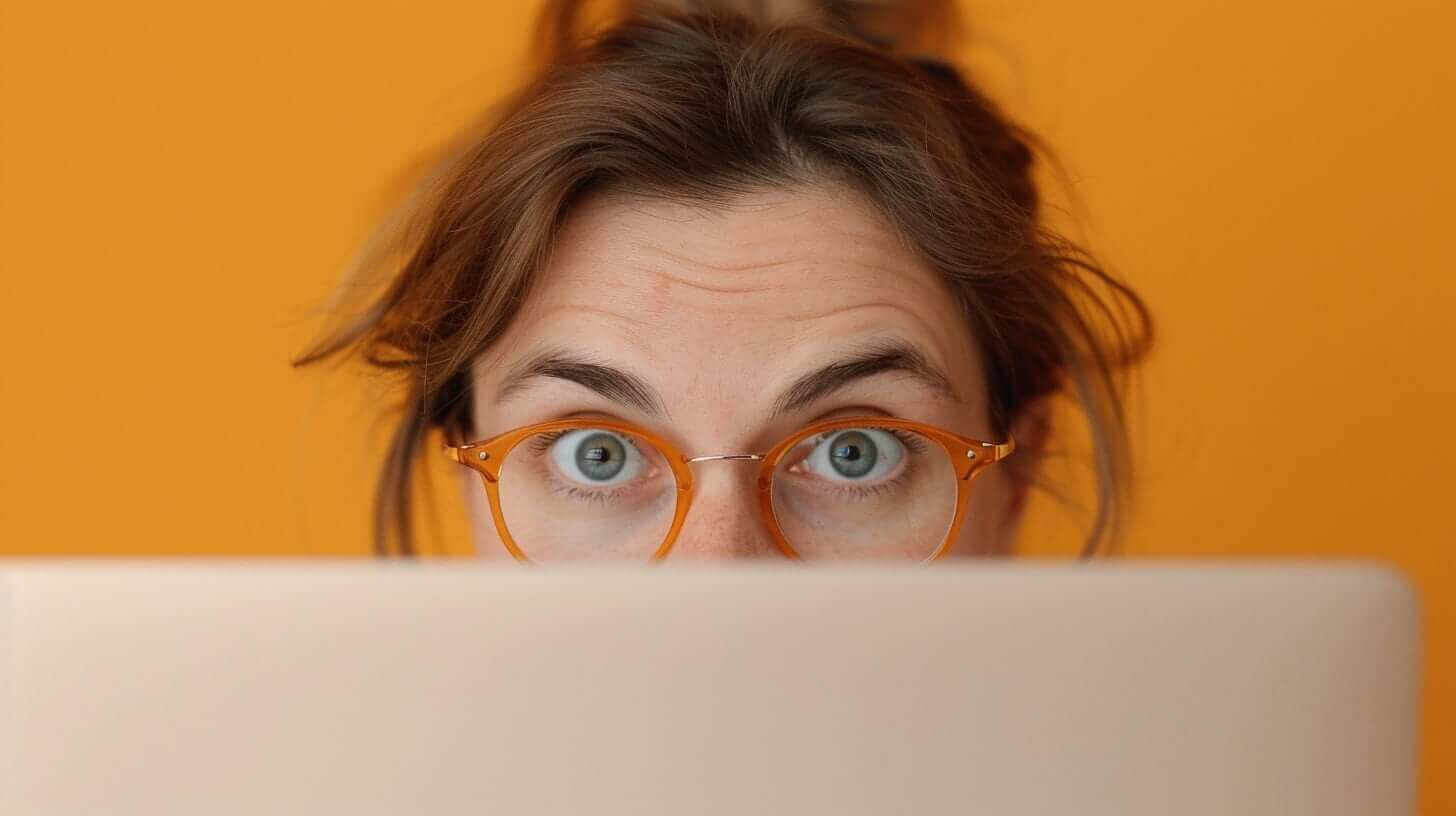 Een vrouw met een bril en een oranje trui kijkt geconcentreerd naar een laptop, tegen een oranje achtergrond.