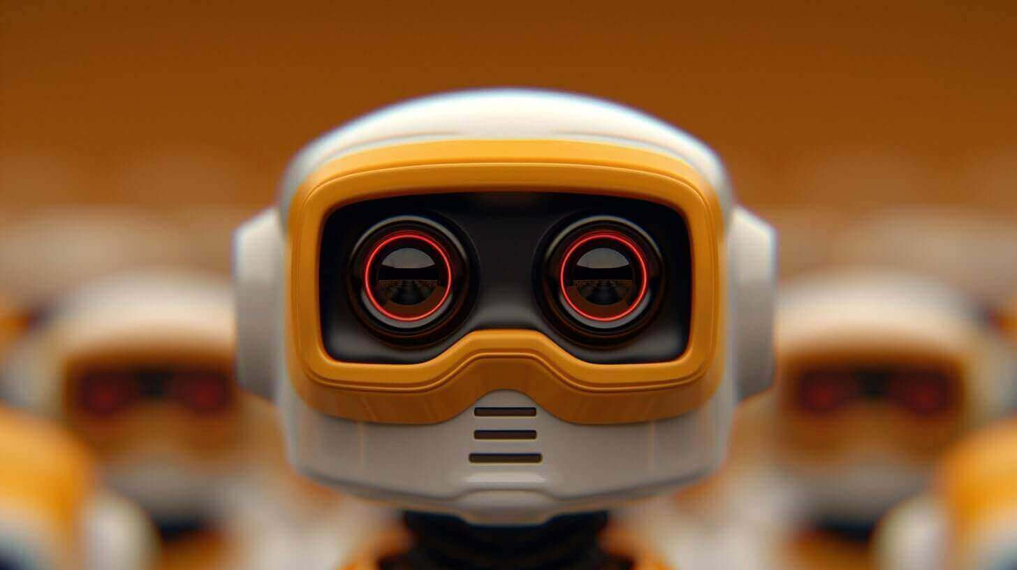 Een close-up van een robot met een wit-oranje buitenkant. De robot, die lijkt op ChatGPT-4o, heeft grote, ronde zwarte ogen met rode ringen rond de randen, waardoor hij een expressief uiterlijk krijgt. De achtergrond is gevuld met vergelijkbare robots, allemaal enigszins onscherp.