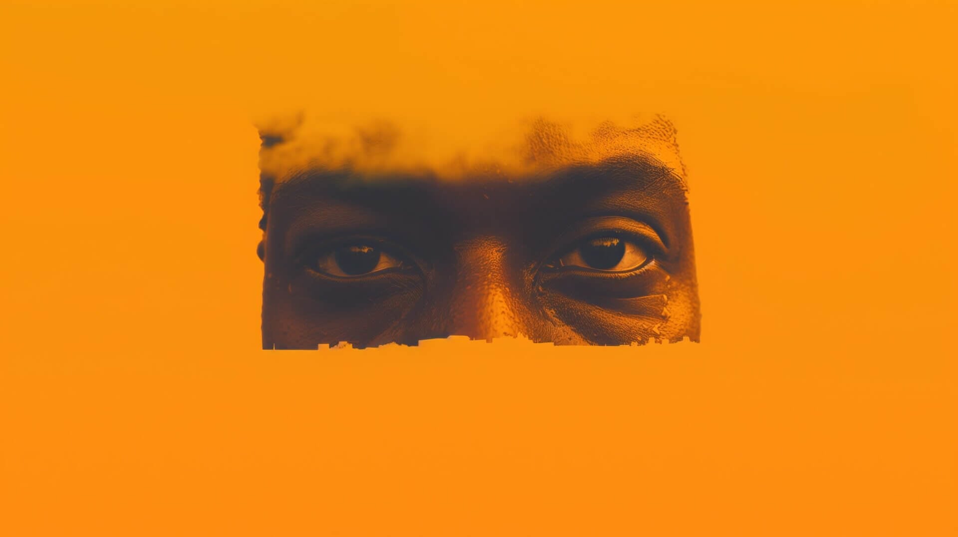 Ogen die door een horizontale balk kijken tegen een feloranje achtergrond, wekken een dramatisch en mysterieus effect op. Het doet denken aan de opvallende beelden die je vaak ziet in Braziliaanse marketingcampagnes.