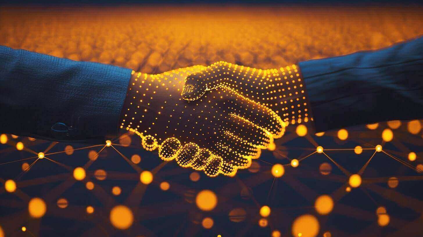 Twee trillende handen, één digitaal en samengesteld uit oranje gloeiende stippen, die technologie vertegenwoordigen, en de andere mens. De achtergrond bevat een netwerk van onderling verbonden gloeiende oranje knooppunten, die de samensmelting van menselijke interactie en digitale technologie benadrukken.